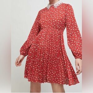 Maje Red Mini Dress with White Crochet Collar and Horse Motif
